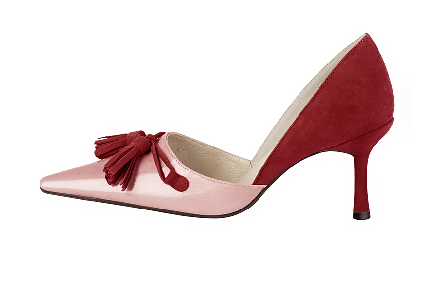 Powder pink and cardinal red women's open arch dress pumps. Pointed toe. High slim heel. Profile view - Florence KOOIJMAN